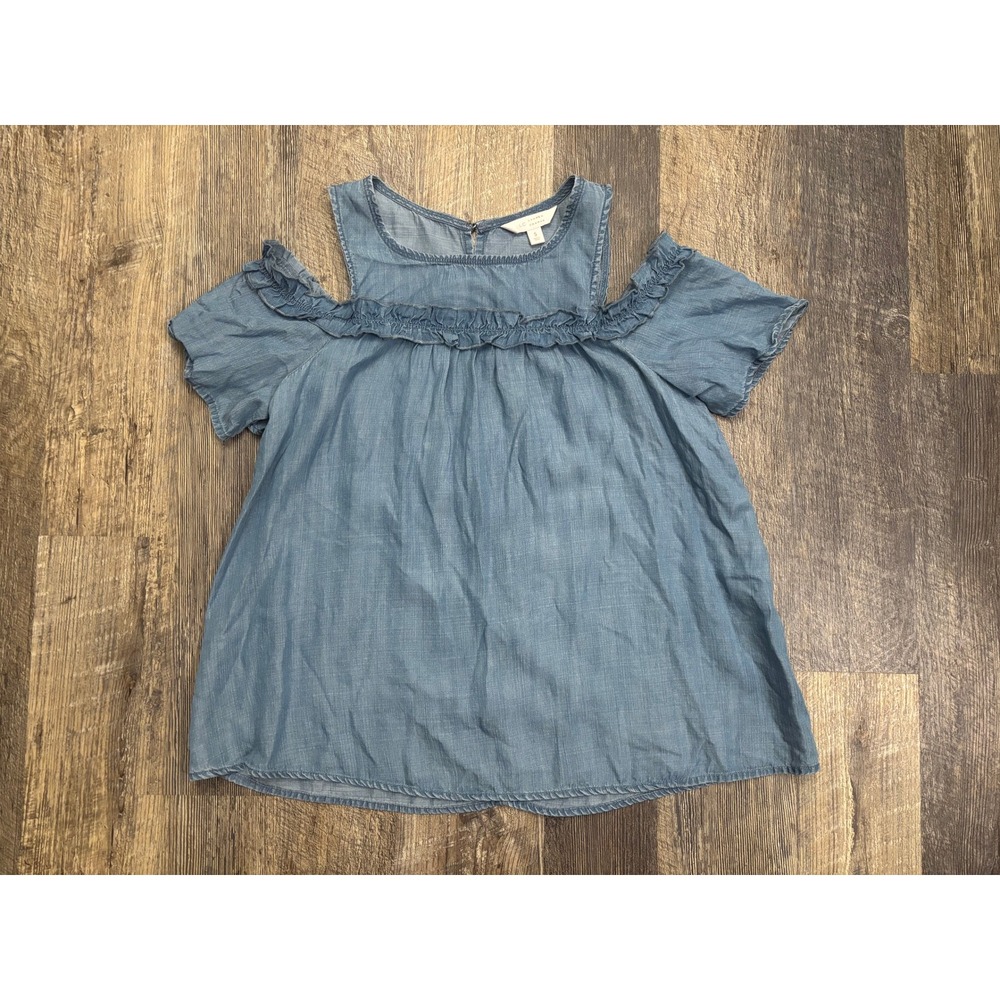 LC Lauren Conrad Blue Chambray Cold Shoulder‎ Ruffle Top Tencel Small